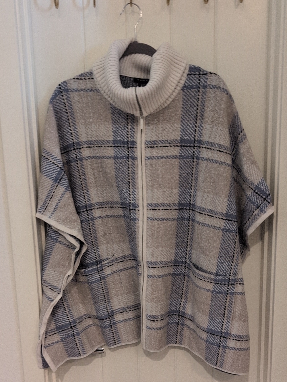 Tahari Gray & Blue Plaid Zip Poncho with Ribbed Funnel Neck